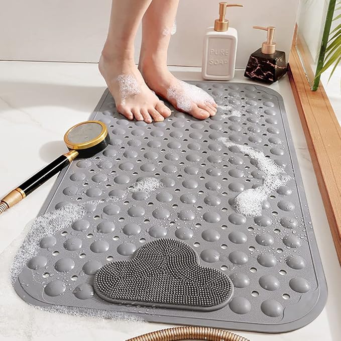 Non-Slip Shower Mat with Foot Scrubber - Grey