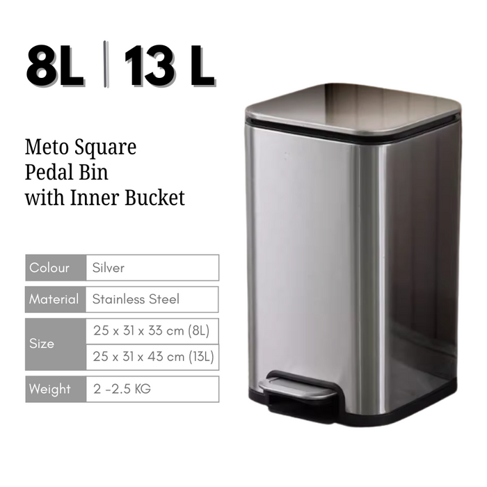 Yubin Meto Square Pedal Bin Stainless Steel with Inner Bucket Silver (2 Sizes)