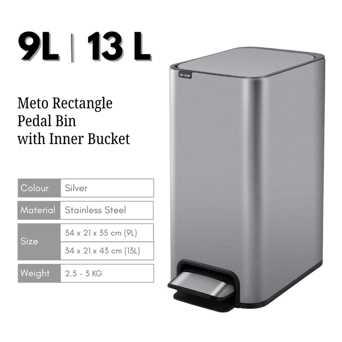 Yubin Meto Rectangle Pedal Bin Stainless Steel with Inner Bucket Silver (2 Sizes)
