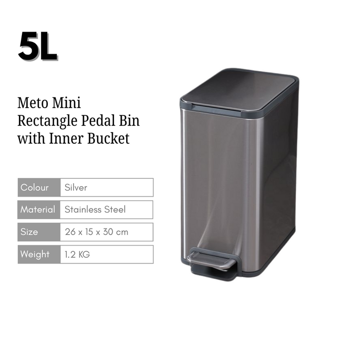 Yubin 5L Meto Rectangle Pedal Bin Stainless Steel with Inner Bucket Silver