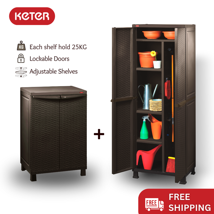 (Bundle set) Keter Rattan Tall Multipurpose Cabinet + Rattan Base Cabinet with Legs