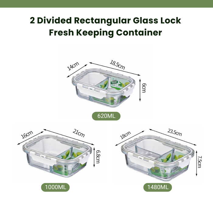 Glass Lock Divided Rectangle Glass Food Container