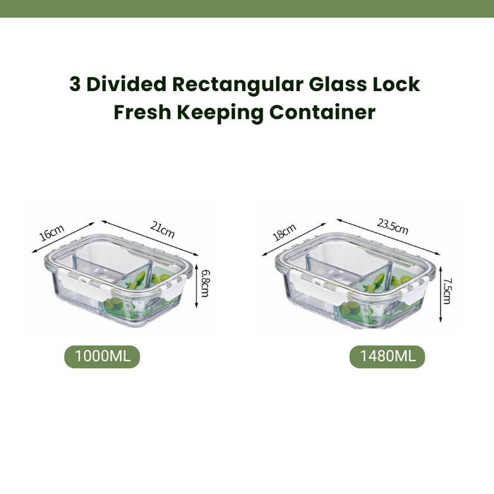 Glass Lock Divided Rectangle Glass Food Container