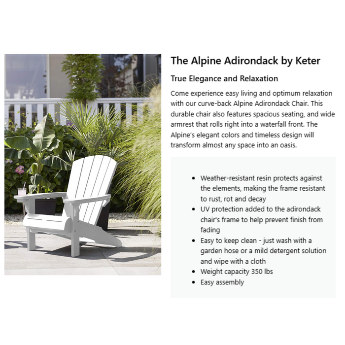 Keter Alpine Adirondack Outdoor Garden Lounge Chair White