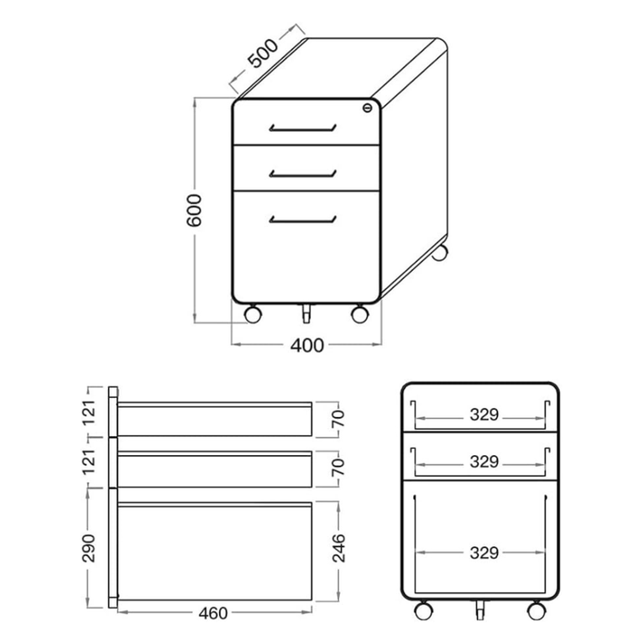 Filex 3 Drawer Mobile Pedestal Cabinet Round Corner with wheels White