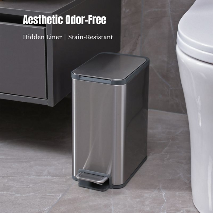 Yubin 5L Meto Rectangle Pedal Bin Stainless Steel with Inner Bucket Silver