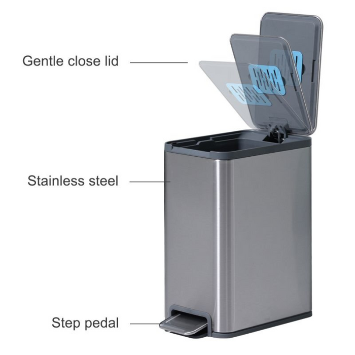 Yubin 5L Meto Rectangle Pedal Bin Stainless Steel with Inner Bucket Silver