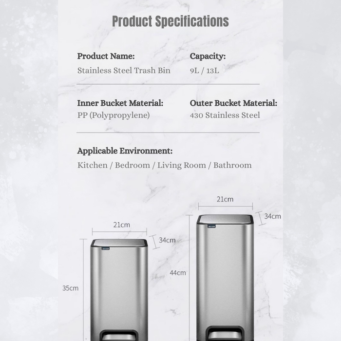 Yubin Meto Rectangle Pedal Bin Stainless Steel with Inner Bucket Silver (2 Sizes)