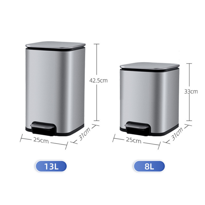 Yubin Meto Square Pedal Bin Stainless Steel with Inner Bucket Silver (2 Sizes)