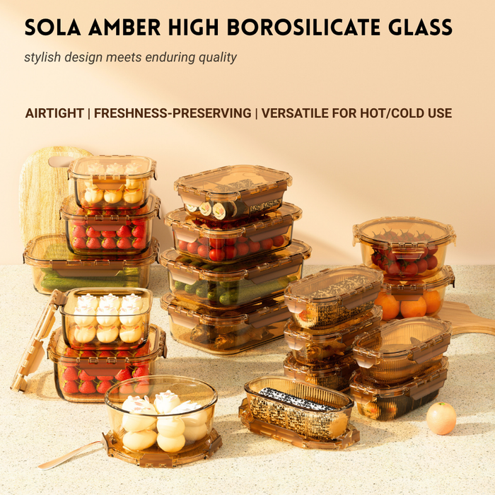 SOLA Amber 2 Divider Rectangle Glass Lock Food Container