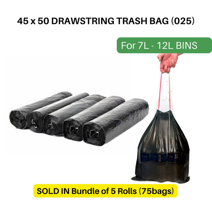 Trash Bags Drawstring 45 x 50 Black (5 Rolls)