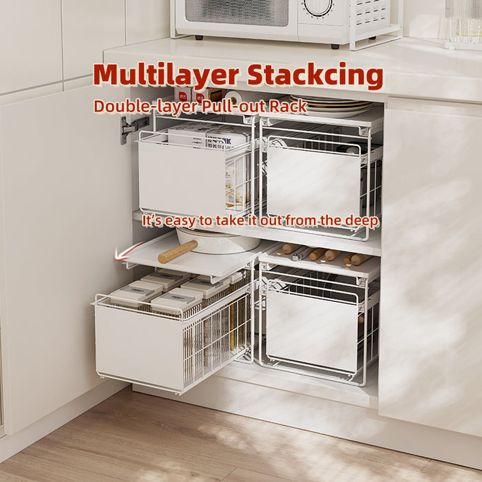 Double Layer Stackable Kitchen Pull Out Storage Rack 2 Tier