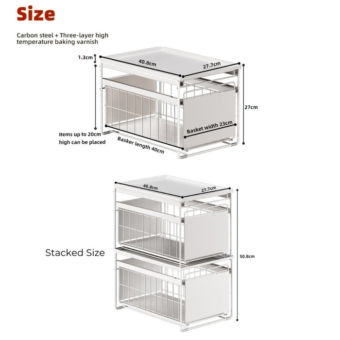 Double Layer Stackable Kitchen Pull Out Storage Rack 2 Tier