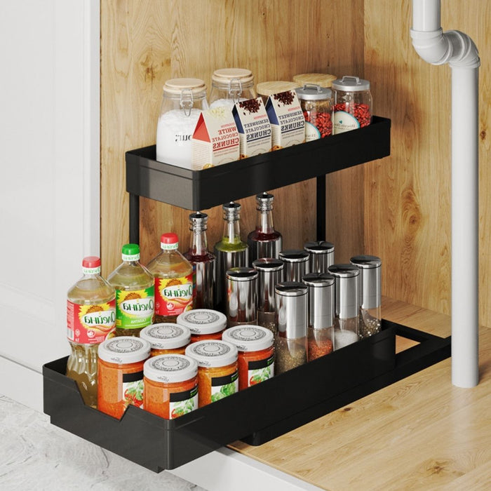 L Shape Under Sink Storage Organiser Rack 2 Tier Black