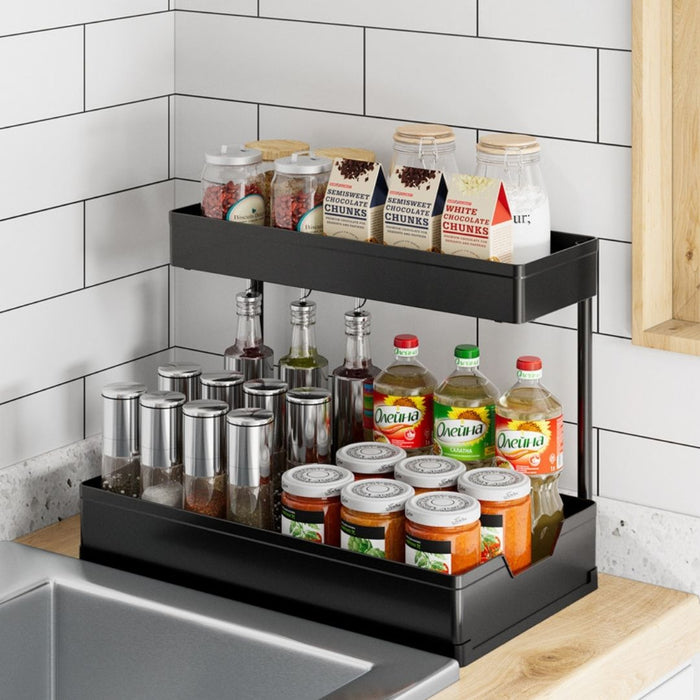 L Shape Under Sink Storage Organiser Rack 2 Tier Black