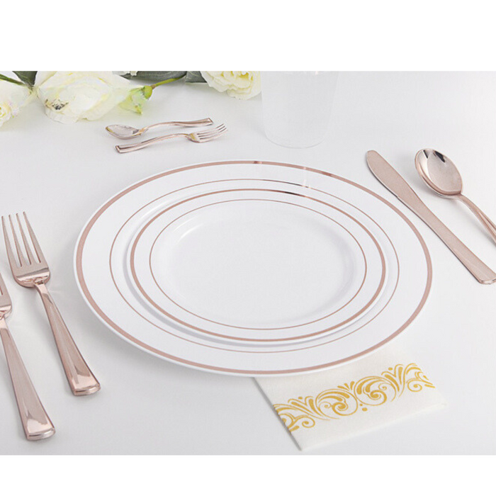 Fancy: 150pcs Rose Gold Rim Disposable Party Tableware Set 25pax