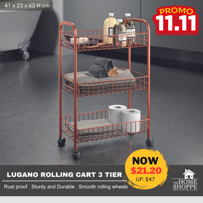 Lugano 3 Tier Rolling Cart Copper