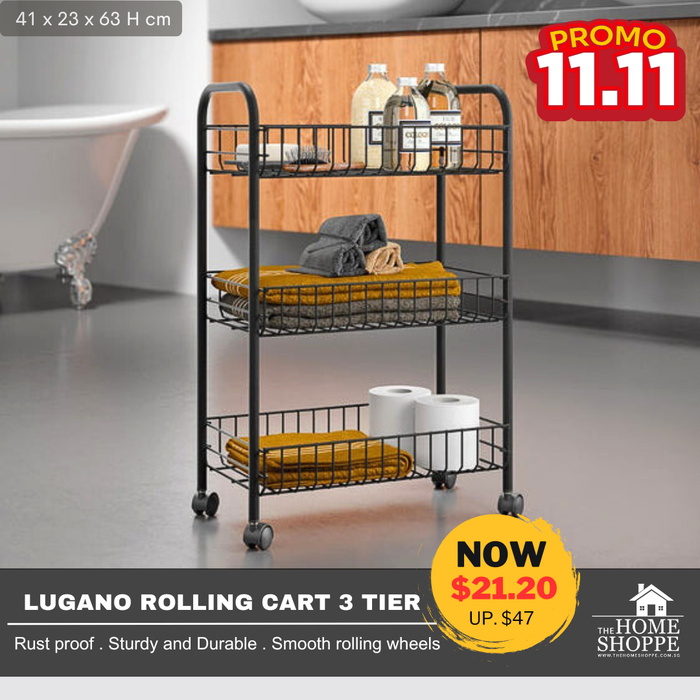 Lugano Rolling Cart 3 Tier Black