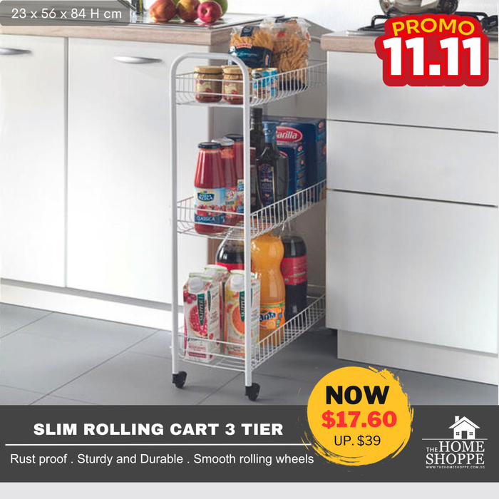 Slim Kitchen Trolley White 3 Tier