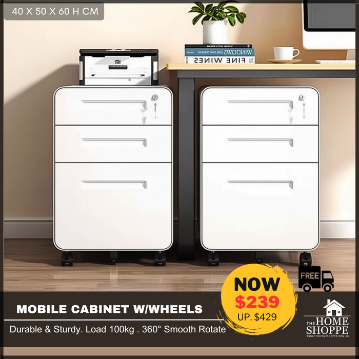 Filex 3 Drawer Mobile Pedestal Cabinet Round Corner with wheels White (Free Delivery)