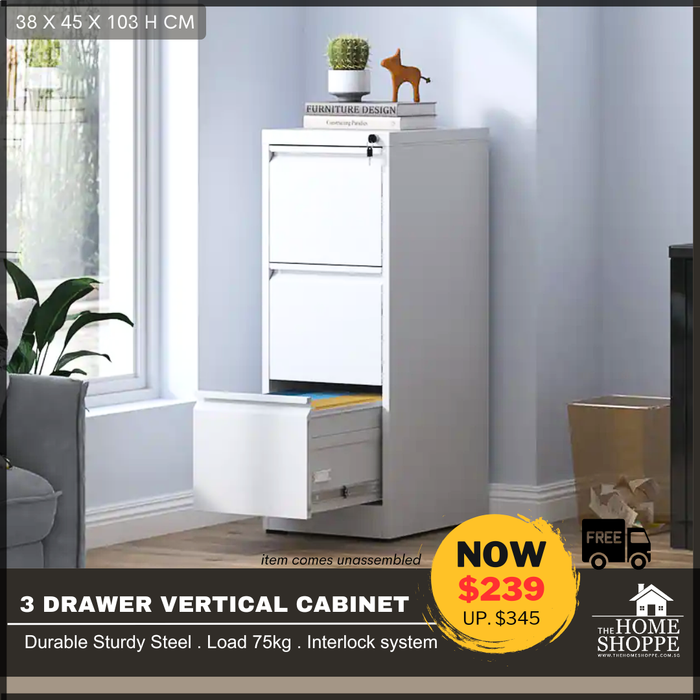 Filex 3 Drawer Vertical Filing Cabinet White (Free Delivery)