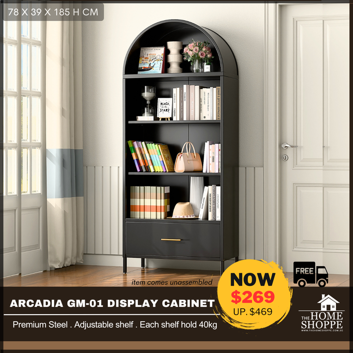 Arcadia Display Cabinet Black  4 Tier + 1 Drawer GM-01  (Free Delivery)