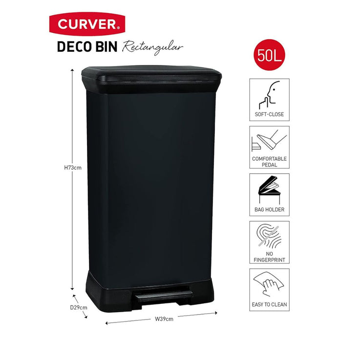 Deco Pedal Bin Rectangle 50L Black