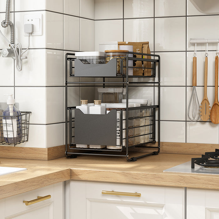 Under Sink Pull Out Drawer Rack Kitchen Cabinet Storage Drawer 2 Tier ...
