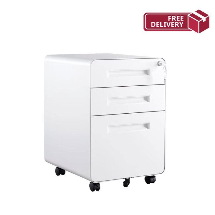 Filex 3 Drawer Mobile Pedestal Cabinet Round Corner with wheels White