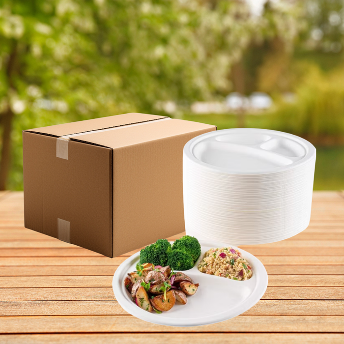 ECO Sugarcane: 3-Compartment Plates 10" Sugarcane Biodegradable - 20pcs