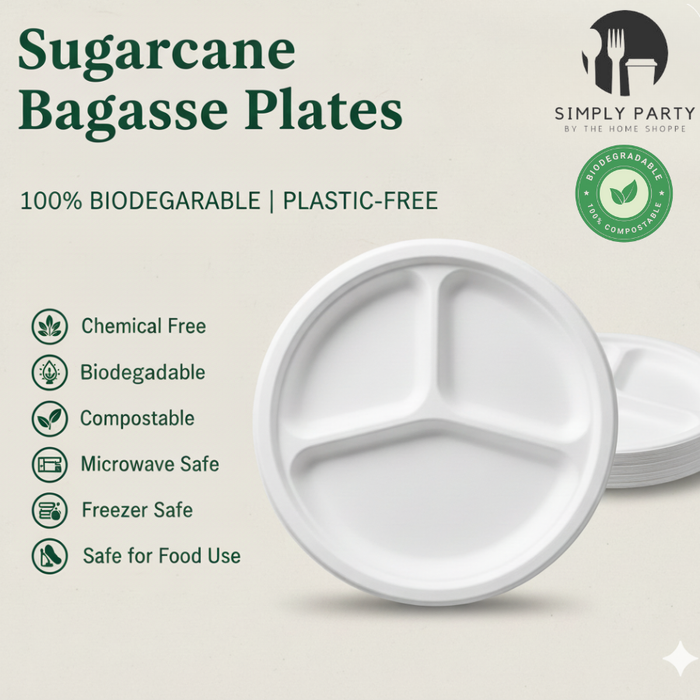 ECO Sugarcane: 3-Compartment Plates 10" Sugarcane Biodegradable - 20pcs