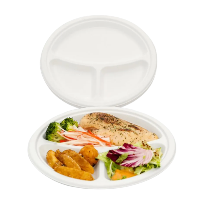 ECO Sugarcane: 3-Compartment Plates 10" Sugarcane Biodegradable - 20pcs