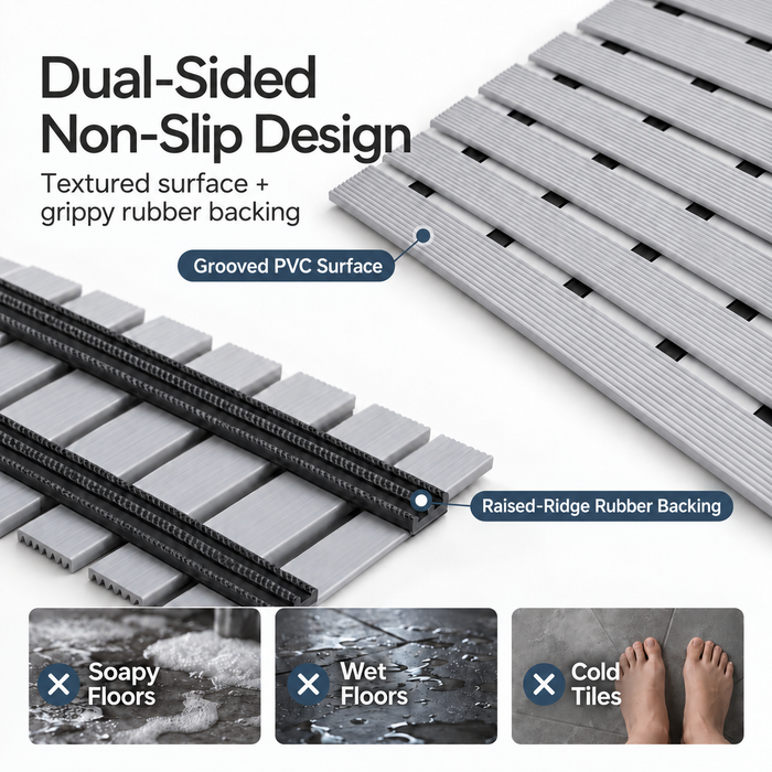 Non Slip Bathroom Floor Mat Black (Raised-Ridged rubber backing)