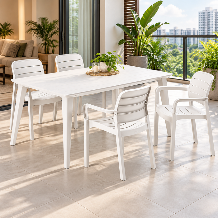 Lima Outdoor Dining Table 160cm + 4 Tisara Chair Set White