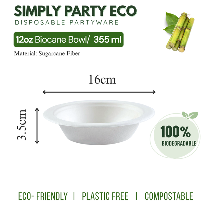 ECO Sugarcane: Bowl 12oz / 355ml Sugarcane Biodegradable - 25pcs