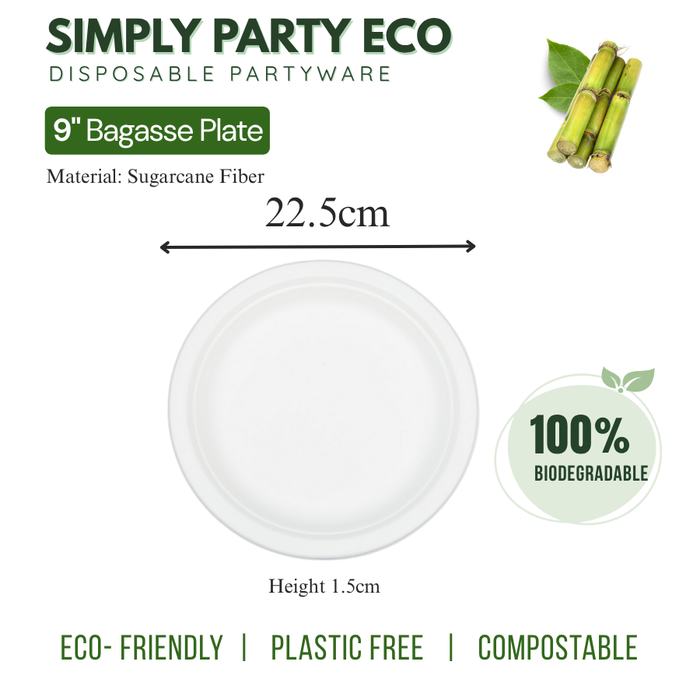 ECO Sugarcane: Plates 9" Disposable Sugarcane 100% Biodegradable - 25pcs