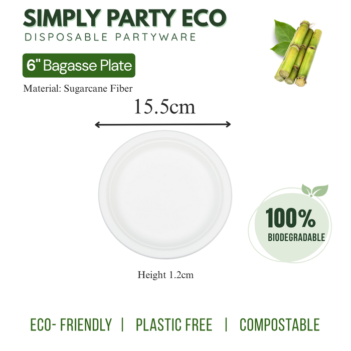 ECO Sugarcane: Plates 6" Disposable Sugarcane 100% Biodegradable - 25pcs