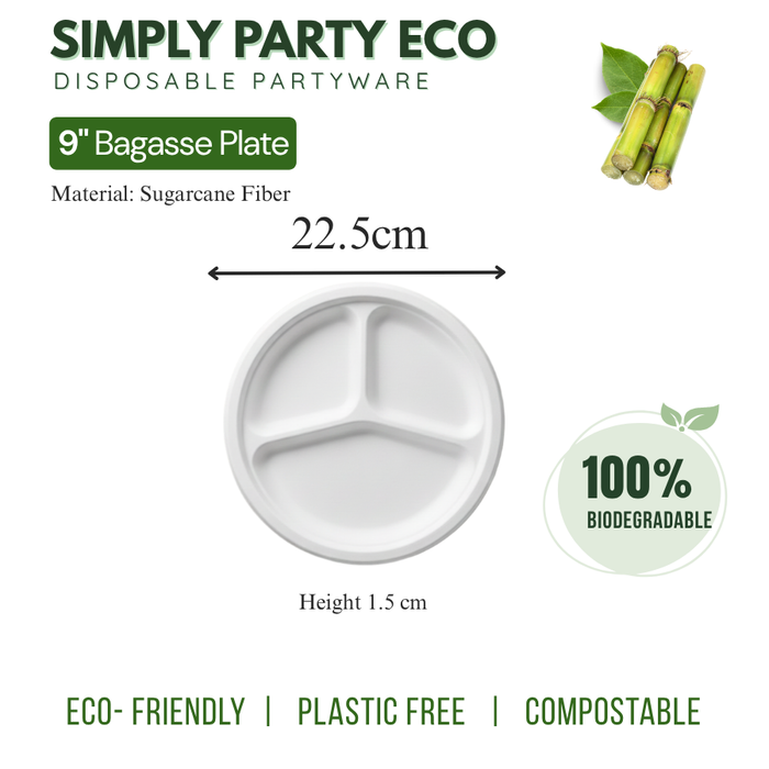 ECO Sugarcane:  3-Compartment Plates 9" Sugarcane Biodegradable - 20pcs