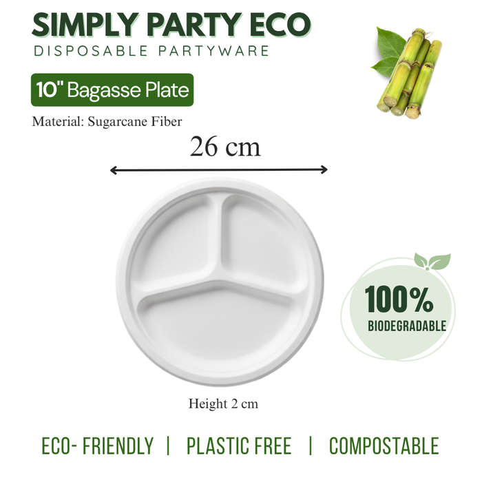 ECO Sugarcane: 3-Compartment Plates 10" Sugarcane Biodegradable - 20pcs