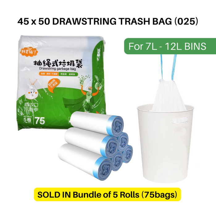 Drawstring Garbage Trash Bags 45 x 50 Black (5 Rolls)