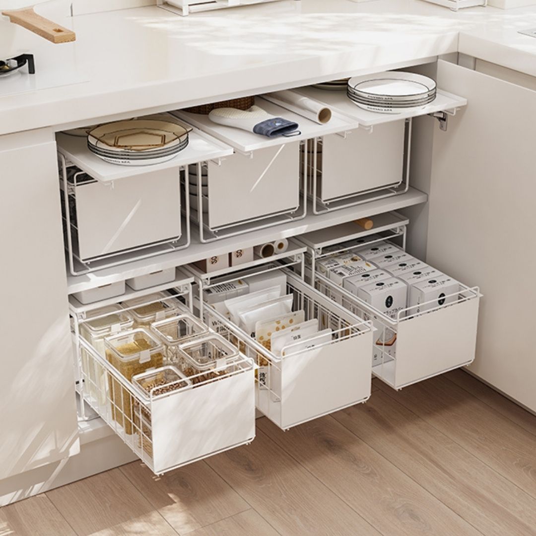 Double Layer Stackable Kitchen Pull Out Storage Rack 2 Tier Kitchen ...