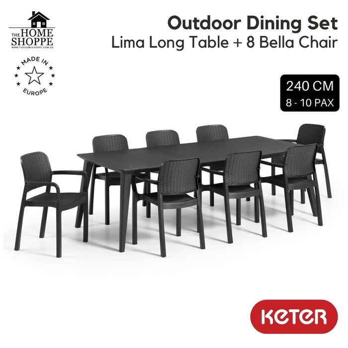 Lima Long Outdoor Dining Table Set + 8 Bella Outdoor Chairs