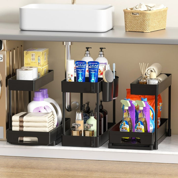 L Shape Under Sink Storage Organiser Rack 2 Tier Black