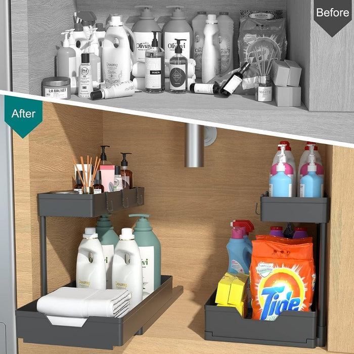 L Shape Under Sink Storage Organiser Rack 2 Tier Black