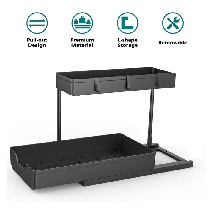 L Shape Under Sink Storage Organiser Rack 2 Tier Black