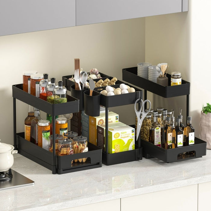 L Shape Under Sink Storage Organiser Rack 2 Tier Black