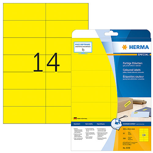 Coloured Labels A4, 105 x 42,3 mm, Yellow, Removable (5058)