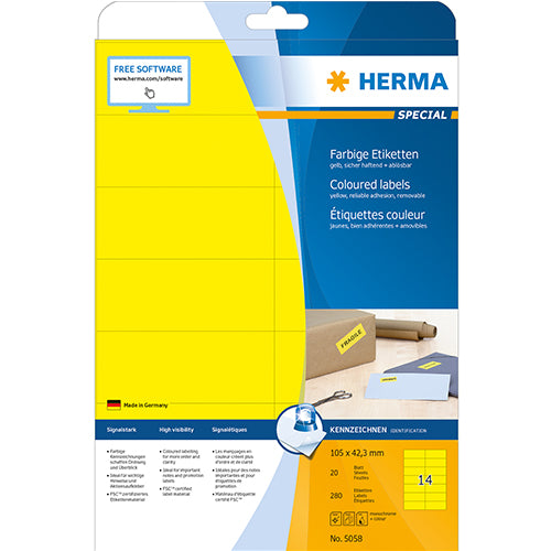 Coloured Labels A4, 105 x 42,3 mm, Yellow, Removable (5058)