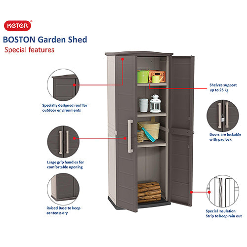 Keter Boston Outdoor Tall Cabinet Waterproof Plastic Storage The