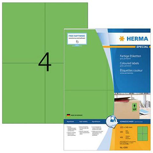 Coloured Labels A4, 105 x 148 mm, Green, Permanent Adhesion (4399)